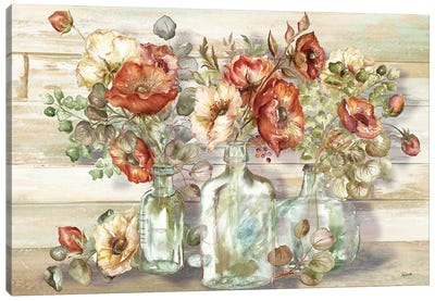 Spice Poppies and Eucalyptus In Bottles Landscape Canvas Art Print - 3-Piece Floral & Botanical Art