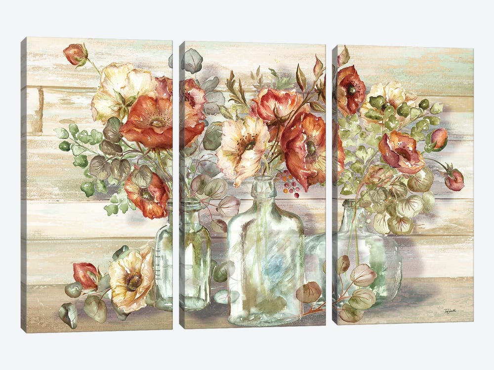 Spice Poppies and Eucalyptus In Bottles Landscape by Tre Sorelle Studios 3-piece Canvas Print