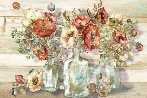 Large Floral & Botanical Art - Canvas Prints: Spice Poppies and Eucalyptus In Bottles Landscape by Tre Sorelle Studios