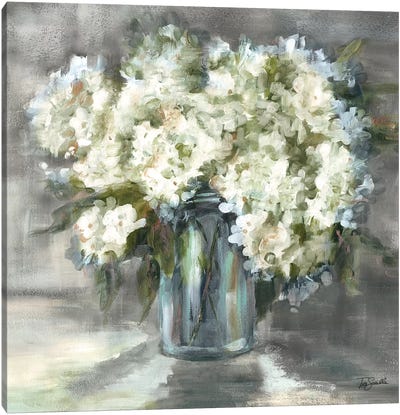 White and Taupe Hydrangeas Sill Life Canvas Art Print - Hydrangea Art