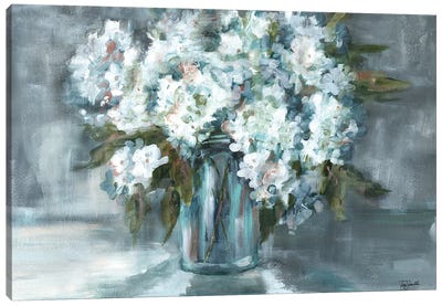 White Hydrangeas on Gray Landscape Canvas Art Print - Nature Close-Up Art