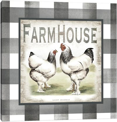 Buffalo Check Farm House Chickens Neutral I Canvas Art Print - Chicken & Rooster Art