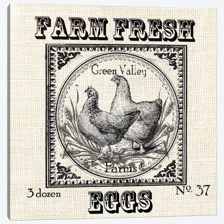 Farmhouse Grain Sack Label Chickens Canvas Print #TSS137} by Tre Sorelle Studios Canvas Wall Art