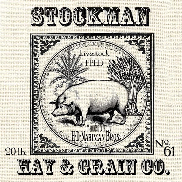 Pigs: Farmhouse Grain Sack Label Pig by Tre Sorelle Studios