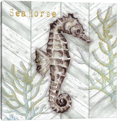 Gray Gold Chevron Seahorse Canvas Art Print - Seahorse Art