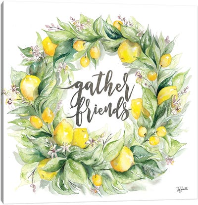 Watercolor Lemon Wreath Gather Friends Canvas Art Print - Lemon & Lime Art