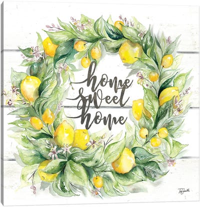 Watercolor Lemon Wreath Home Sweet Home Canvas Art Print - Lemon & Lime Art