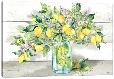 Watercolor Lemons in Mason Jar Landscape Canvas Art Print - Country Décor