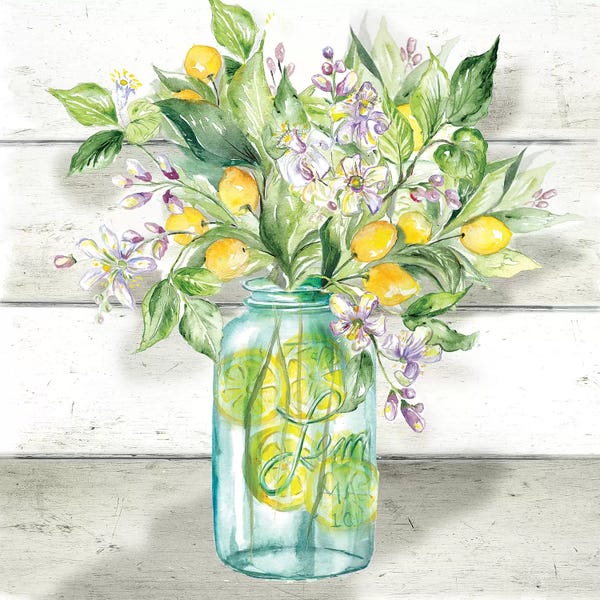 Roaring Brook Art: Watercolor Lemons in Mason Jar on shiplap by Tre Sorelle Studios