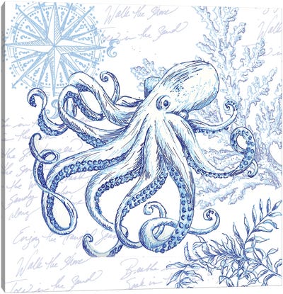 Coastal Sketchbook Octopus Canvas Art Print - Octopus Art