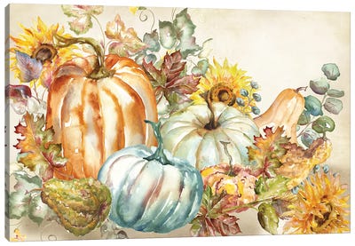 Watercolor Harvest Pumpkin landscape Canvas Art Print - Tre Sorelle Studios