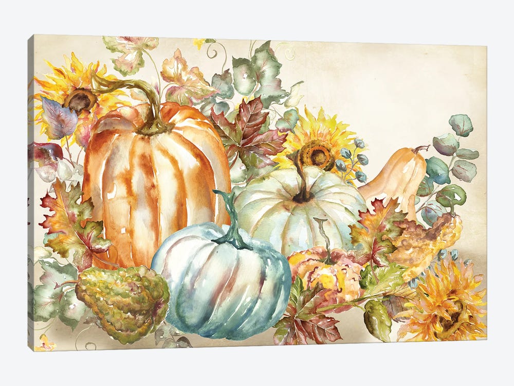 Watercolor Harvest Pumpkin landscape by Tre Sorelle Studios 1-piece Canvas Art Print