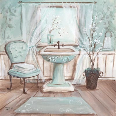 Aqua Blossom Bath I by Tre Sorelle Studios framed canvas print