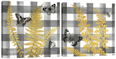 Buffalo Check Ferns and Butterflies Neutral Diptych Canvas Art Print - Tre Sorelle Studios