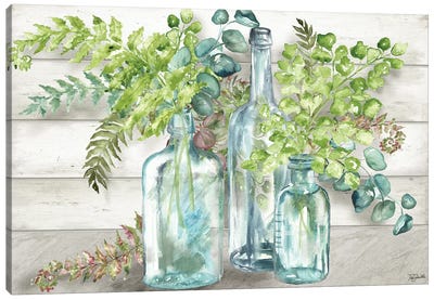 Vintage Bottles & Ferns Landscape Canvas Art Print - Leaf Art