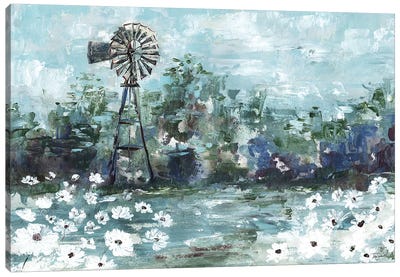Windmill & Daisies Landscape Canvas Art Print - Calm Art