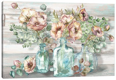 Blush Poppies & Eucalyptus In Bottles Landscape Canvas Art Print - Botanical Still Life