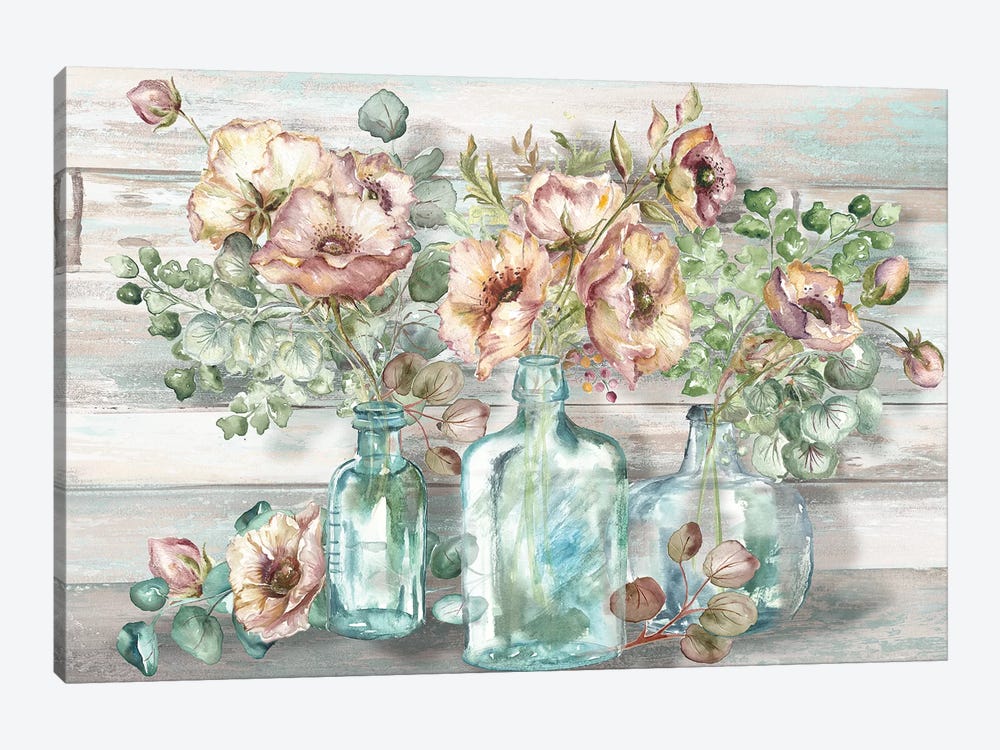 Blush Poppies & Eucalyptus In Bottles Landscape by Tre Sorelle Studios 1-piece Canvas Art Print