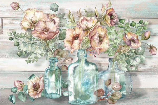 Roaring Brook Art: Blush Poppies & Eucalyptus In Bottles Landscape by Tre Sorelle Studios
