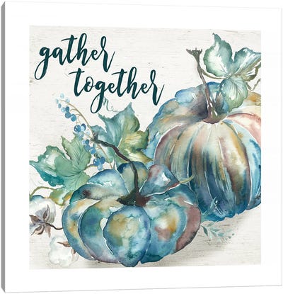 Blue Watercolor Harvest  Square Gather Together Canvas Art Print - Pumpkins