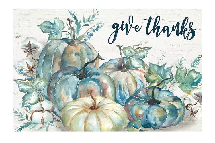 Blue Watercolor Harvest Pumpkin Give Thanks I