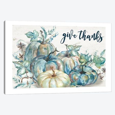 Blue Watercolor Harvest Pumpkin Give Thanks I Canvas Print #TSS91} by Tre Sorelle Studios Canvas Art