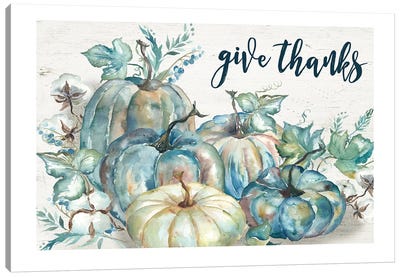 Blue Watercolor Harvest Pumpkin Give Thanks I Canvas Art Print - Food & Drink Typography