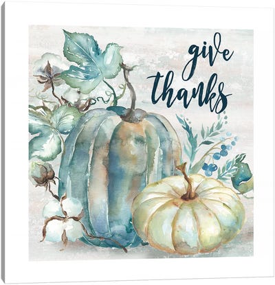 Blue Watercolor Harvest Pumpkin Give Thanks II Canvas Art Print - Thanksgiving Art