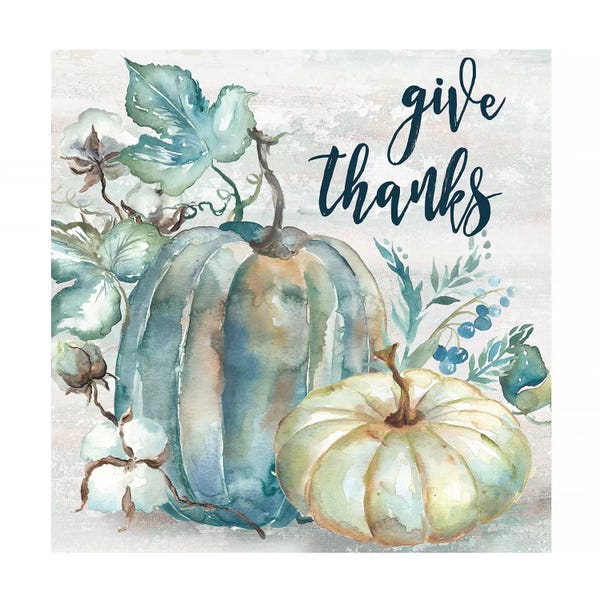Tre Sorelle Studios: Blue Watercolor Harvest Pumpkin Give Thanks II by Tre Sorelle Studios