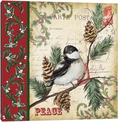 Christmas Bird Postcard I Canvas Art Print - Vintage Christmas Décor