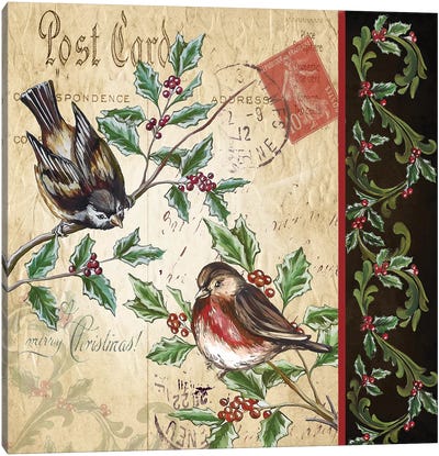 Christmas Bird Postcard II Canvas Art Print - Vintage Christmas Décor