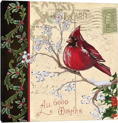 Christmas Bird Postcard III Canvas Art Print - Vintage Christmas Décor