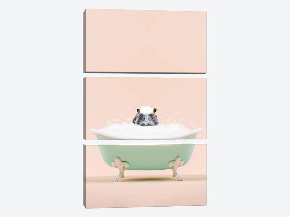 Hippo In A Bathtub by Tiny Treasure Prints 3-piece Canvas Art Print