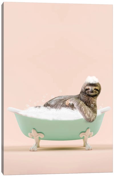 Sloth In A Bathtub Canvas Art Print - Tiny Treasure Prints