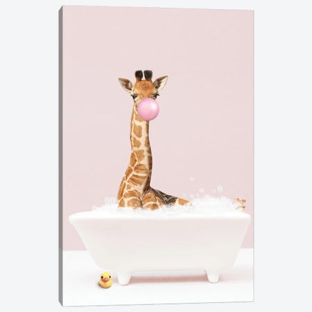 Baby Giraffe With Bubblegum In Bathtub Canvas Print #TTP10} by Tiny Treasure Prints Canvas Art