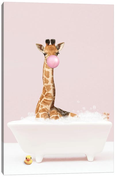 Baby Giraffe With Bubblegum In Bathtub Canvas Art Print