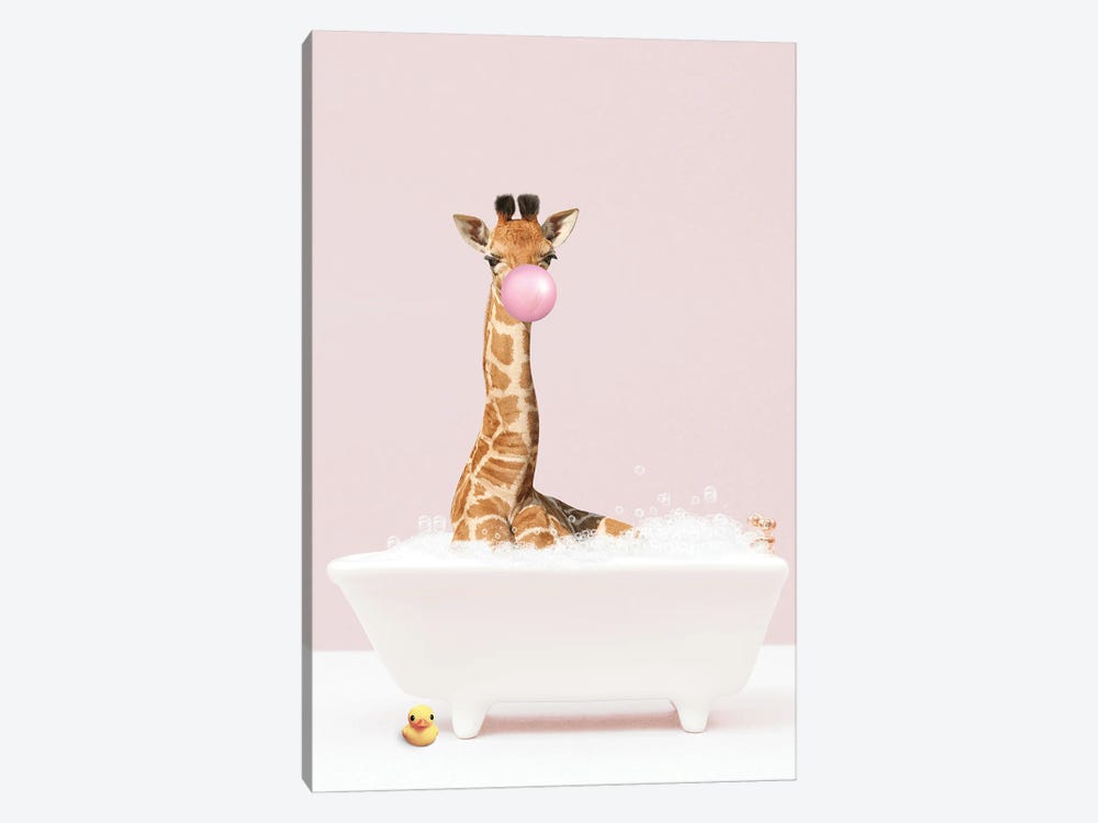 Baby Giraffe With Bubblegum In Bathtub by Tiny Treasure Prints 1-piece Canvas Wall Art