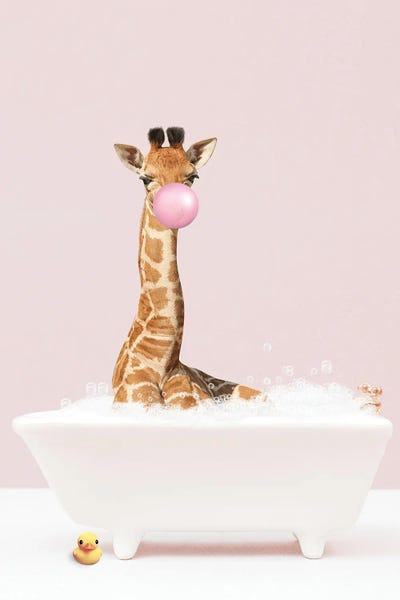 Bathroom Break: Baby Giraffe With Bubblegum In Bathtub by Tiny Treasure Prints