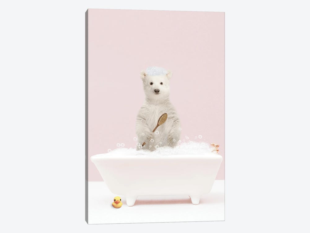 Baby Polar Bear In A Bathtub by Tiny Treasure Prints 1-piece Canvas Print