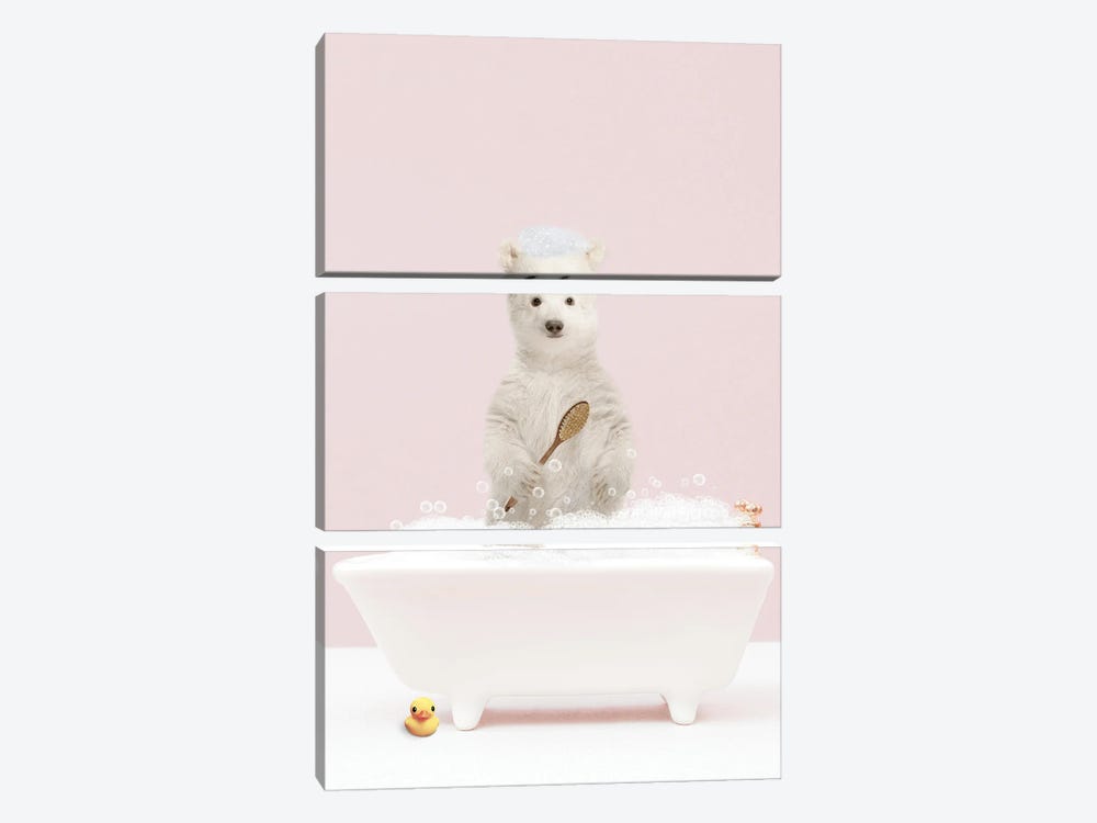 Baby Polar Bear In A Bathtub by Tiny Treasure Prints 3-piece Canvas Art Print