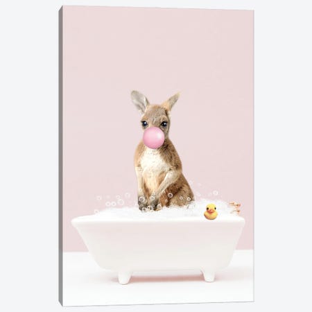 Baby Kangaroo With Bubblegum In Bathtub Canvas Print #TTP11} by Tiny Treasure Prints Canvas Art