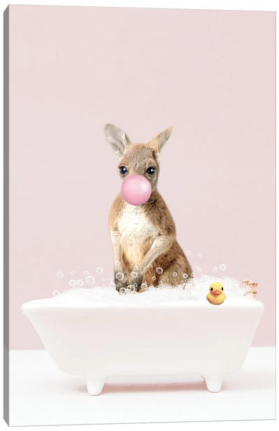 Baby Kangaroo With Bubblegum In Bathtub Canvas Art Print - Kangaroo Art