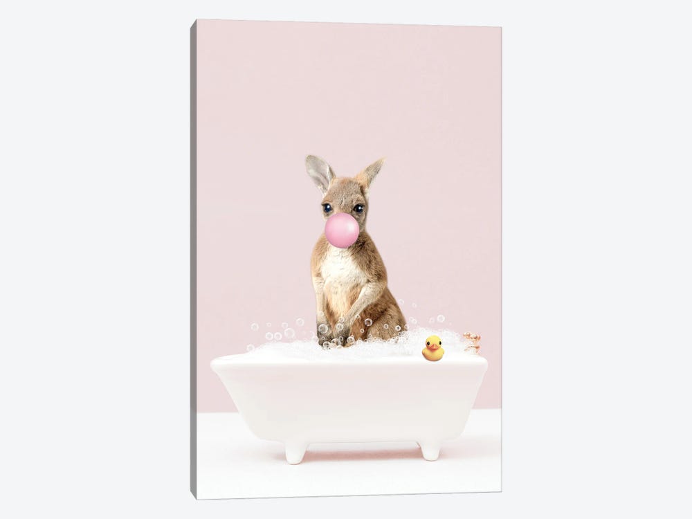 Baby Kangaroo With Bubblegum In Bathtub by Tiny Treasure Prints 1-piece Canvas Art Print
