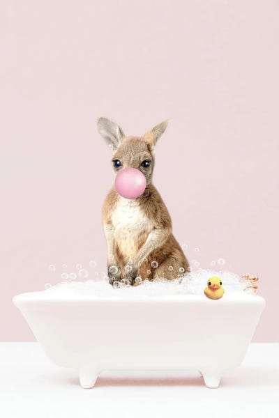 Kangaroos: Baby Kangaroo With Bubblegum In Bathtub by Tiny Treasure Prints
