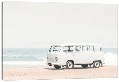 Blue Van At A Beach Canvas Art Print - Volkswagen