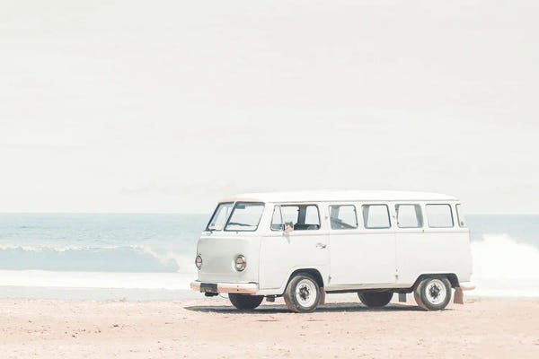 Volkswagen: Blue Van At A Beach by Tiny Treasure Prints