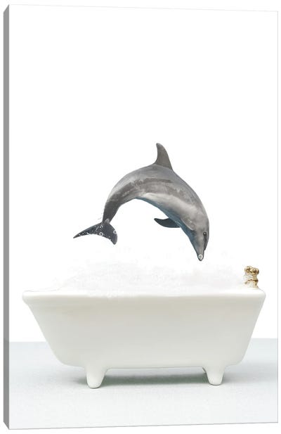 Dolphin In A Bathtub Canvas Art Print - Kids Ocean Life Art