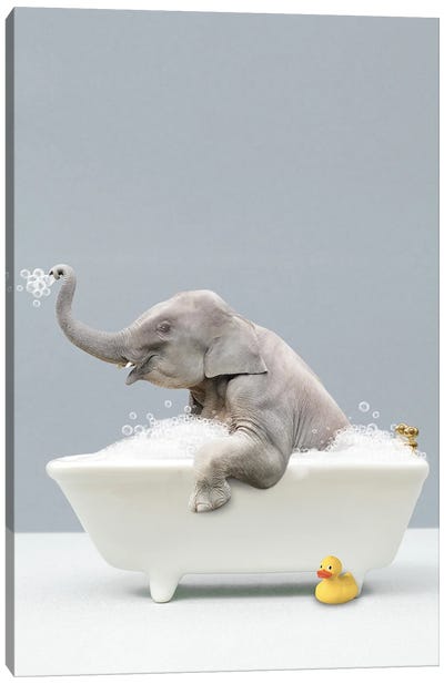 Elephant In A Bathtub Canvas Art Print - Tiny Treasure Prints