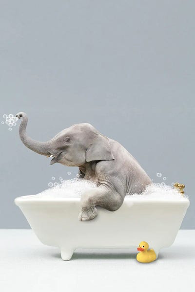 Elephants: Elephant In A Bathtub Grey by Tiny Treasure Prints
