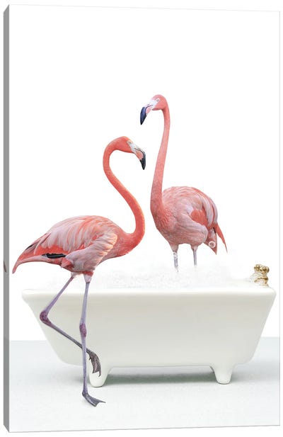 Flamingo In A Bathtub Canvas Art Print - Kids Bathroom Art